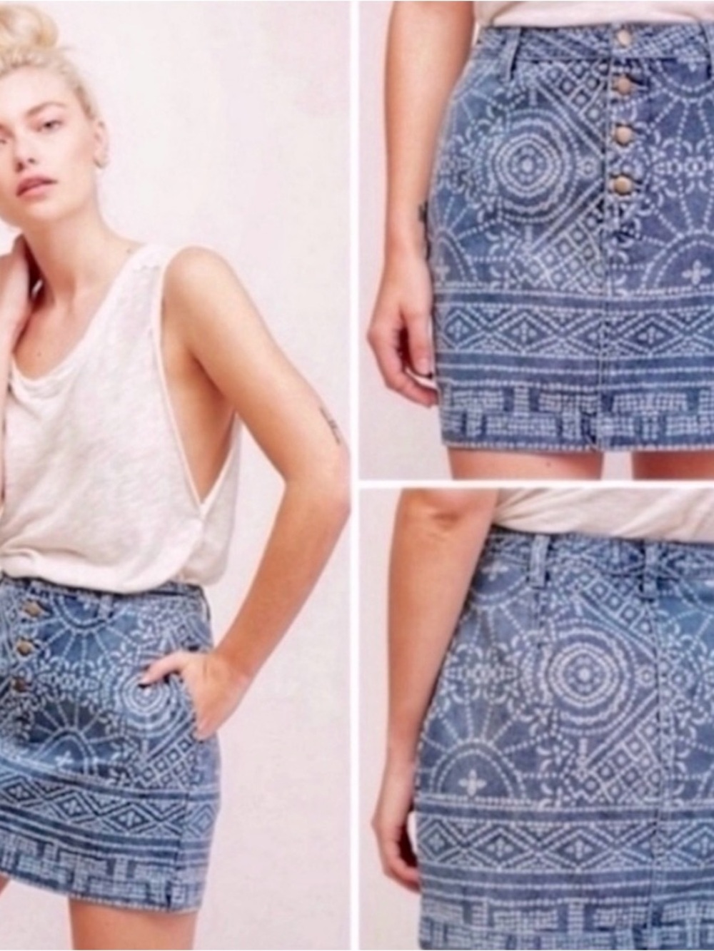 Free People School Daze Tribal Print Exposed Button Fly Denim Skirt Size 8